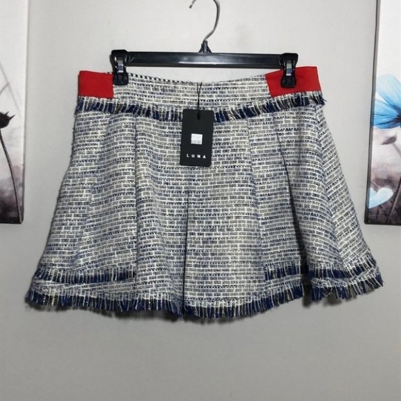 Luna Pleated Skirt, Frayed edge, Blue & White - Picture 9 of 10